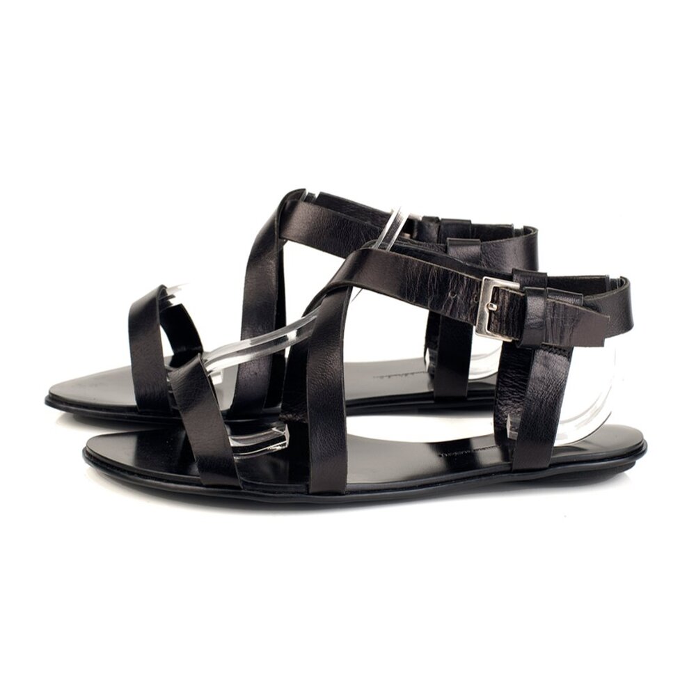 New HANDMADE Black Genuine Leather Strap Flat Sandals NYC Designer